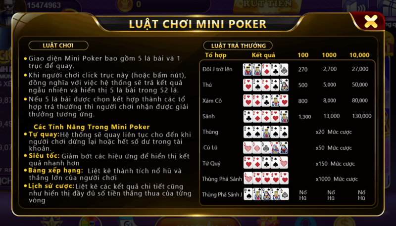 Các tính năng có trong Mini Poker tại cổng 68 game bài